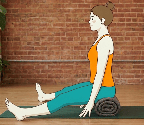 Seated upright with legs apart, hips lifted on a rolled blanket